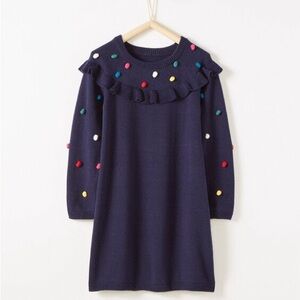 Hanna Andersson Blue Long Sleeve Sweater Dress Ruffle Yoke Colorful Pompoms 8
